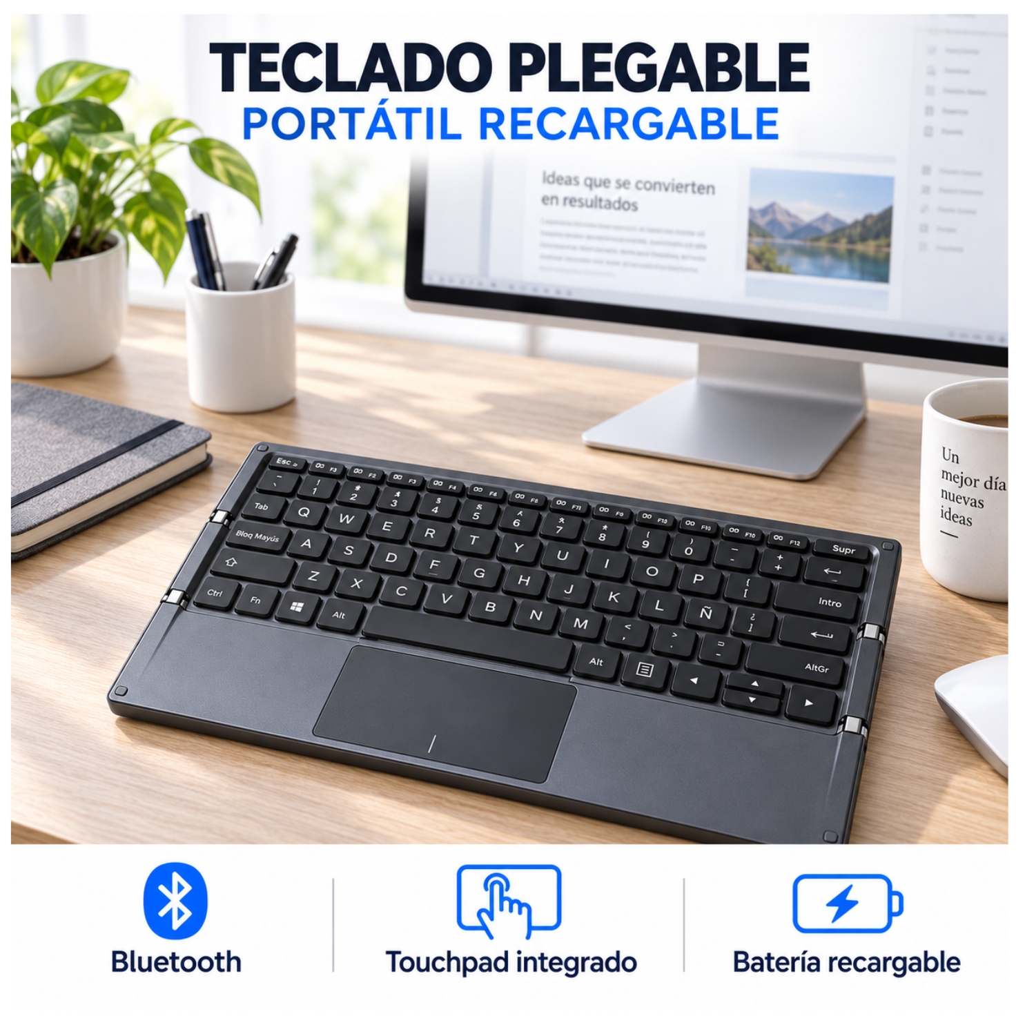 TECLADO INALAMBRICO BLUETOOTH PLEGABLE RECARGABLE PORTATIL  + ESTUCHE PARA TABLET IPAD CELULAR - 7