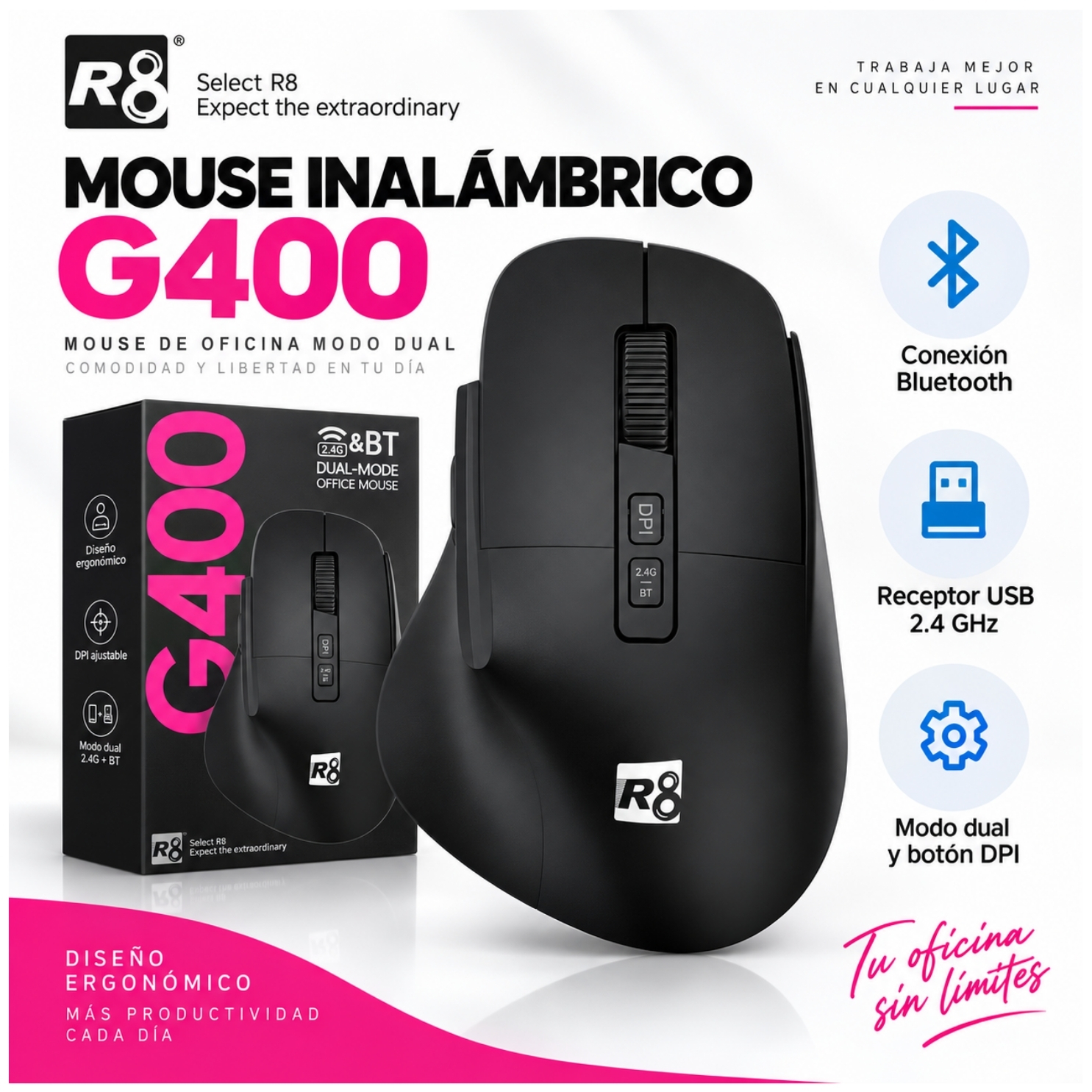 MOUSE INALAMBRICO ERGONOMICO 2.4GHZ + BLUETOOTH COMPATIBLE CON SISTEMA WINDOWS Y MAC - 1