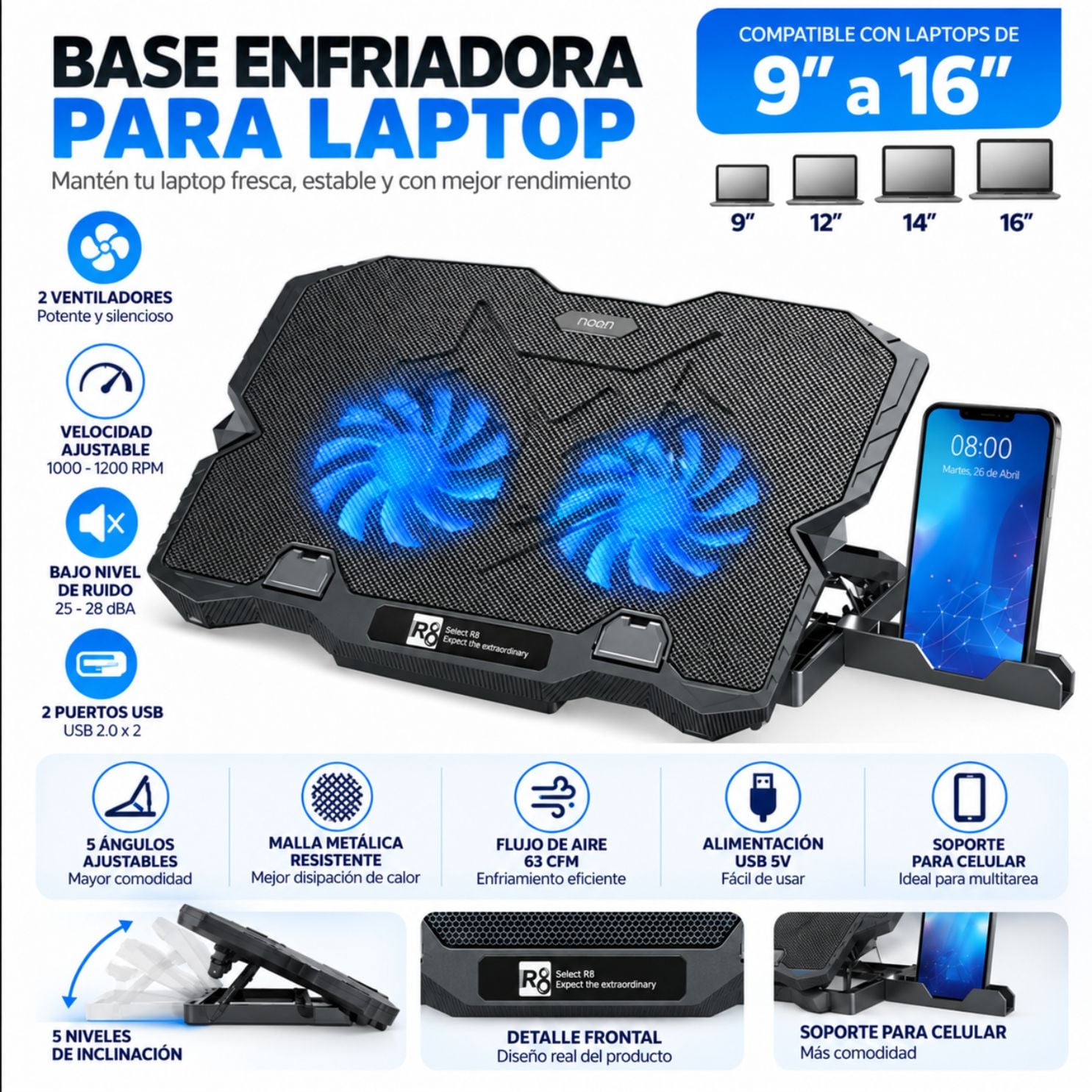 SOPORTE PARA LAPTOP, BASE ENFRIADOR CON VENTILADOR DE LAPTOP MACBOOK GAMER HASTA 16 PULGADAS - 2