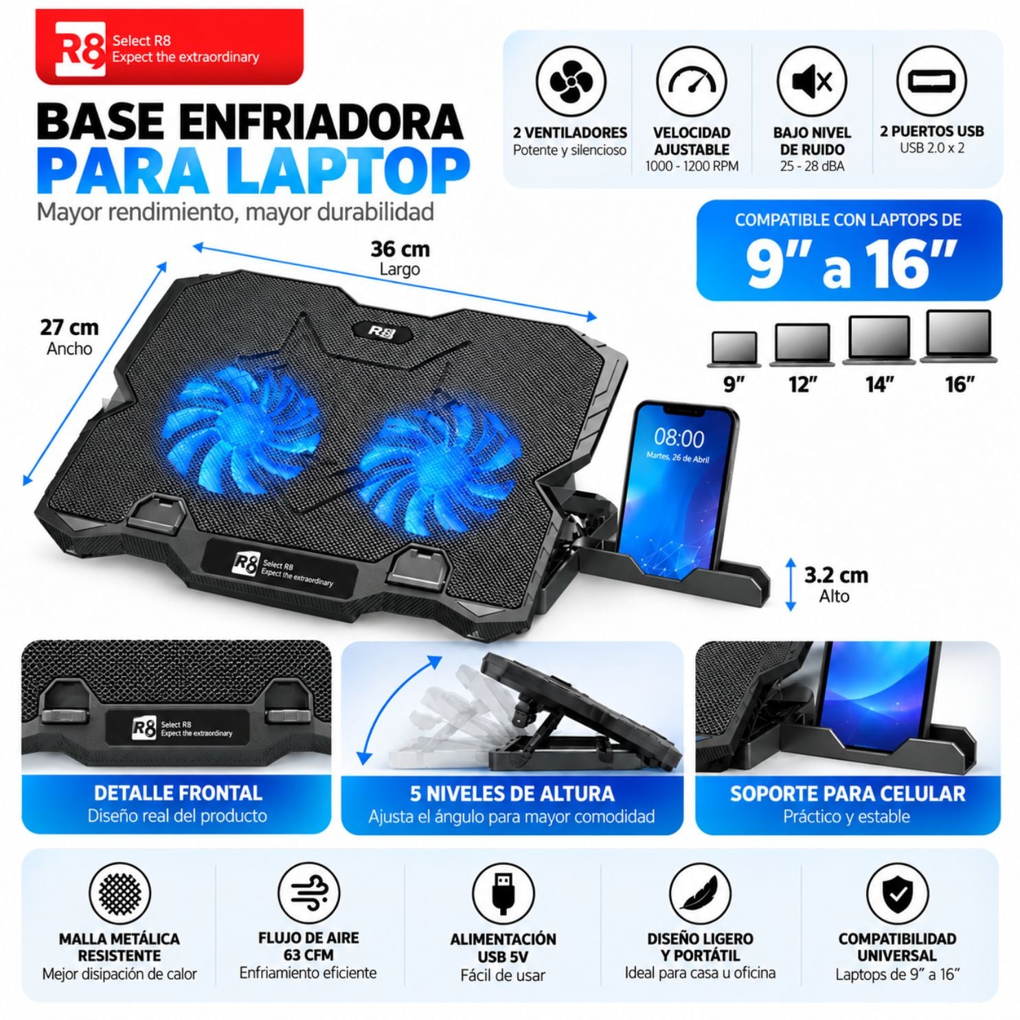 SOPORTE PARA LAPTOP, BASE ENFRIADOR CON VENTILADOR DE LAPTOP MACBOOK GAMER HASTA 16 PULGADAS - 3
