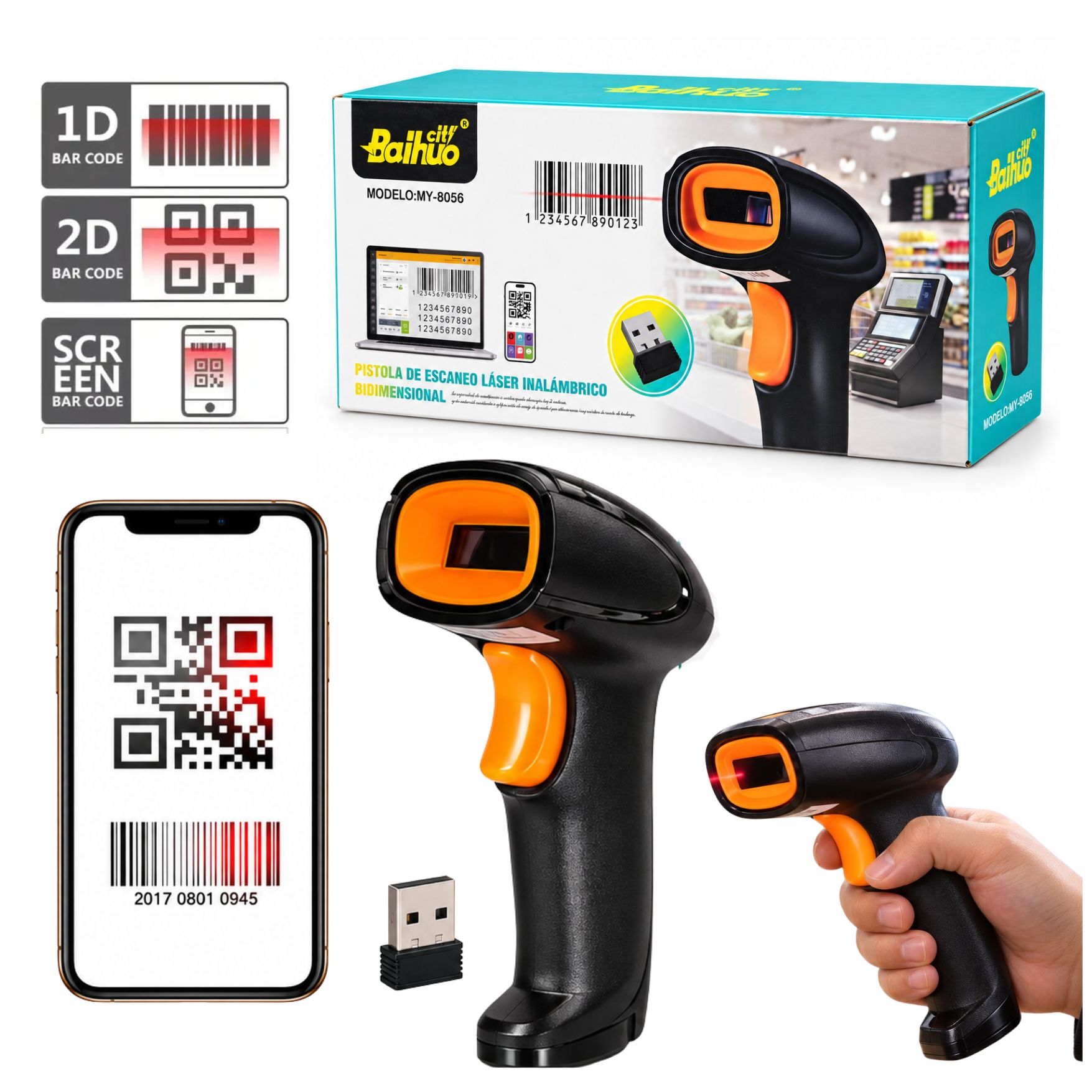 LECTOR DE CÓDIGOS DE BARRAS LECTOR QR 1D 2D INALAMBRICO RECARGABLE BAIHUO MY-8056 - 1