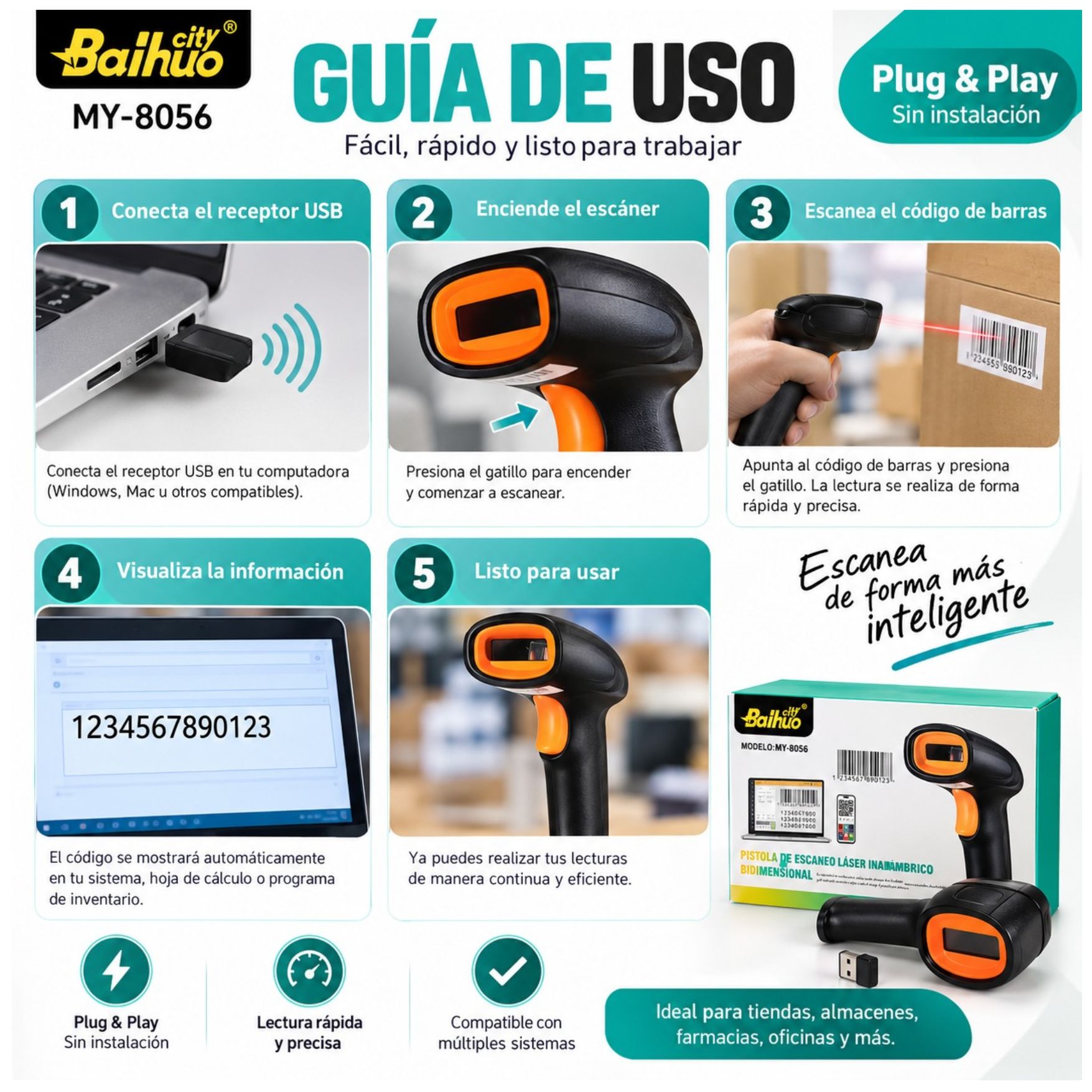 LECTOR DE CÓDIGOS DE BARRAS LECTOR QR 1D 2D INALAMBRICO RECARGABLE BAIHUO MY-8056 - 3