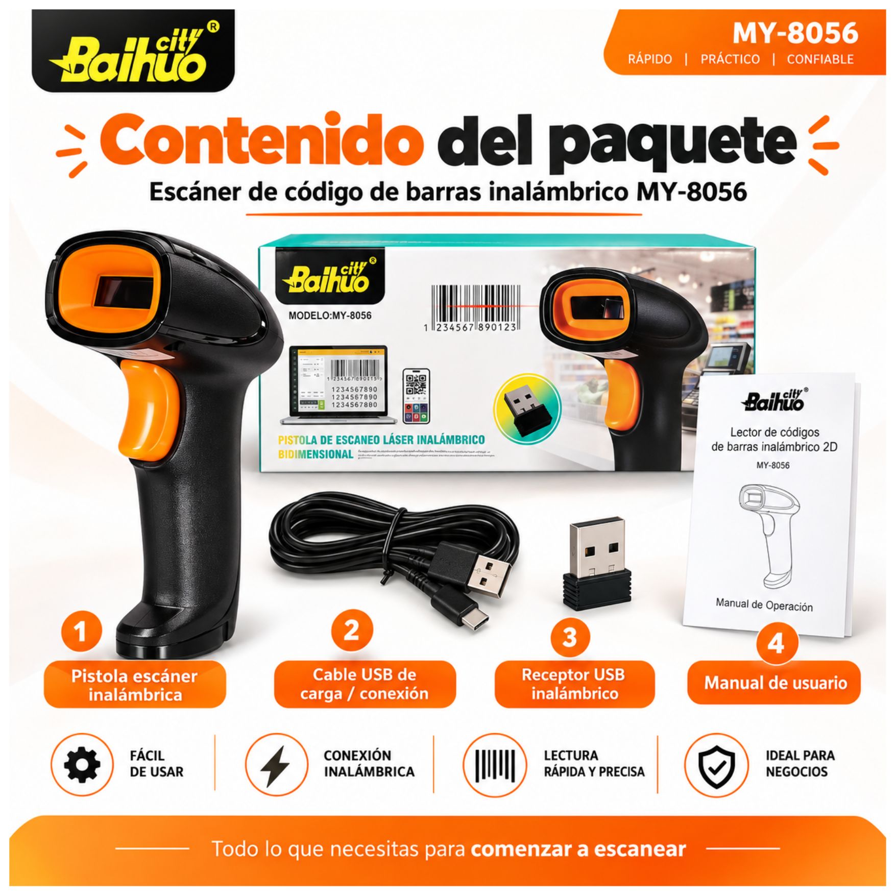 LECTOR DE CÓDIGOS DE BARRAS LECTOR QR 1D 2D INALAMBRICO RECARGABLE BAIHUO MY-8056 - 4