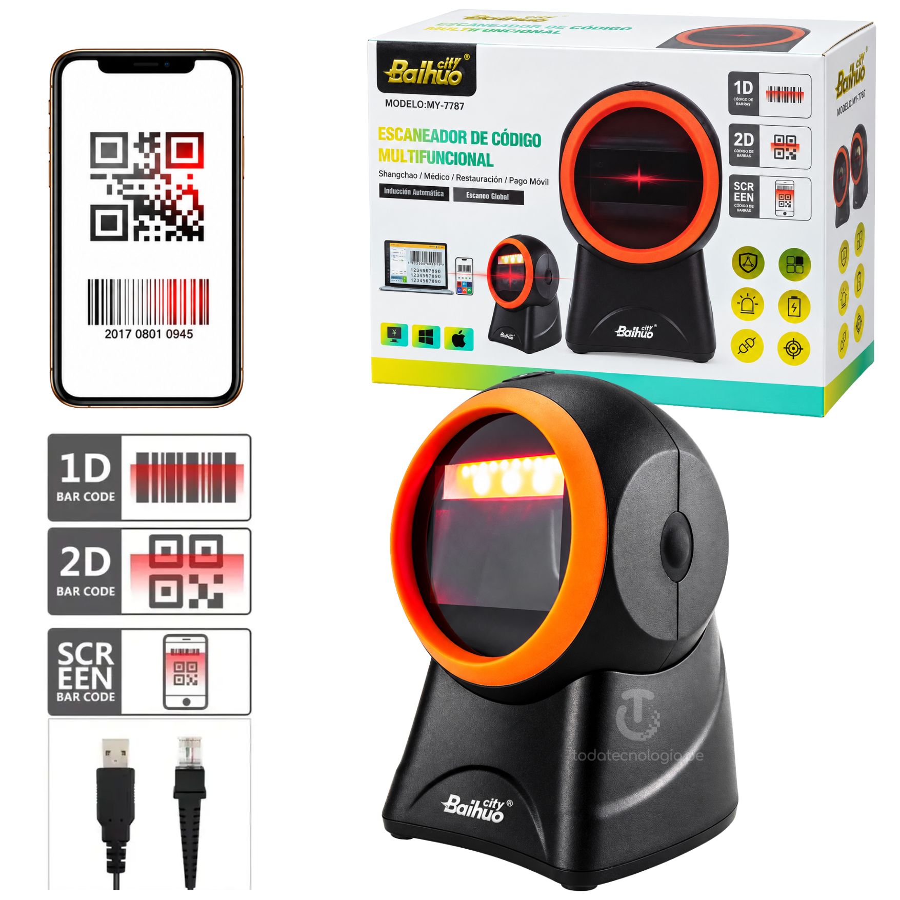 LECTOR DE CÓDIGOS DE BARRAS LECTOR QR 1D 2D OMNIDIRECCIONAL  CON CABLE USB BAIHUO MY-7787 - 1