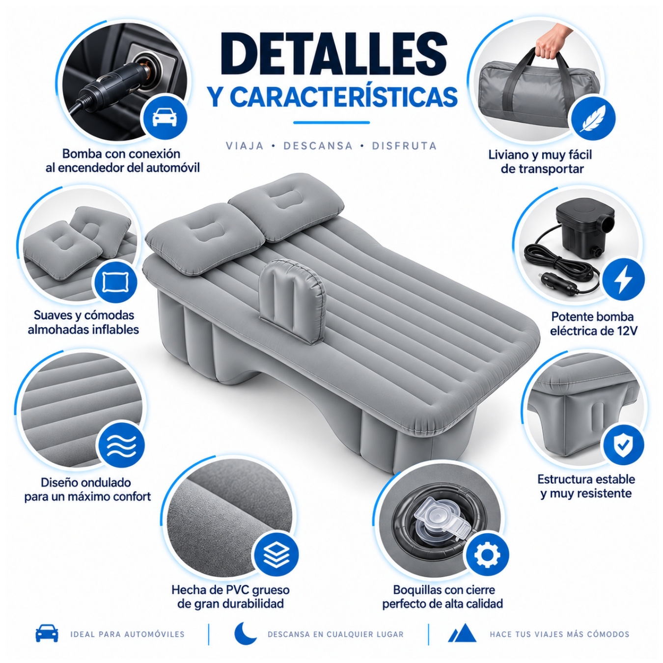 COLCHÓN CAMA INFLABLE AUTOMÓVIL PARA ASIENTO TRASERO CON BOMBA DE PVC CON ALMOHADAS PORTATIL - 3