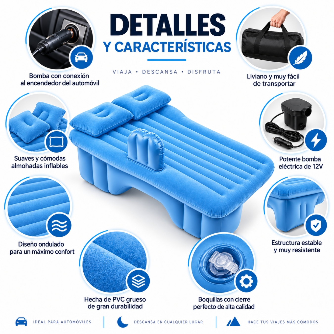 COLCHÓN CAMA INFLABLE AUTOMÓVIL PARA ASIENTO TRASERO CON BOMBA DE PVC CON ALMOHADAS PORTATIL - 4