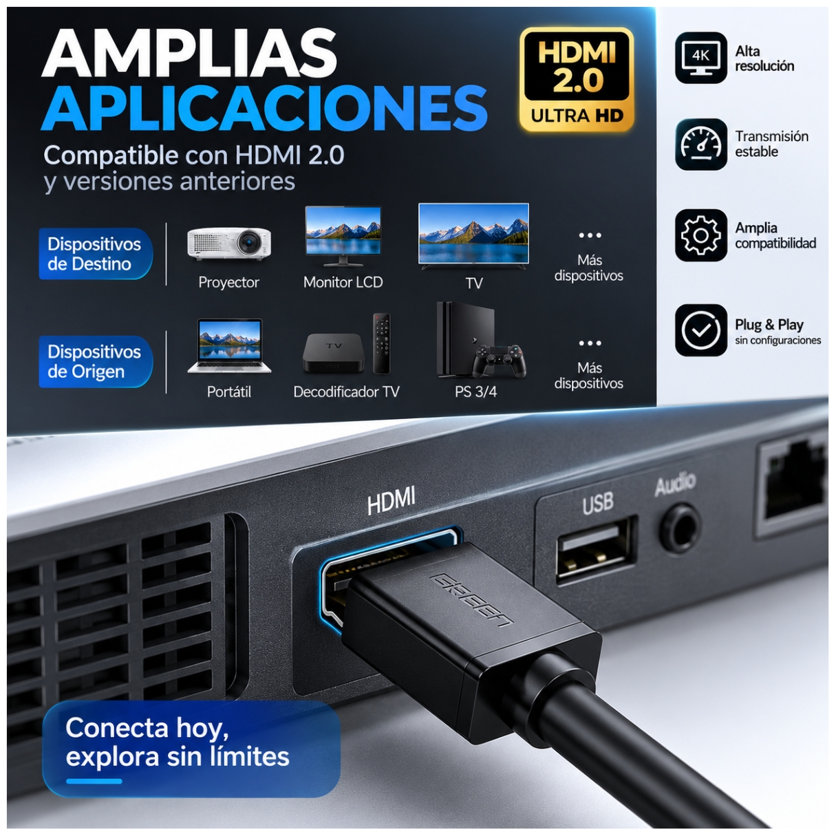 CABLE HDMI 2.0 UGREEN 4K 60HZ DE 1 METRO ULTRA HD HD10106 - 4