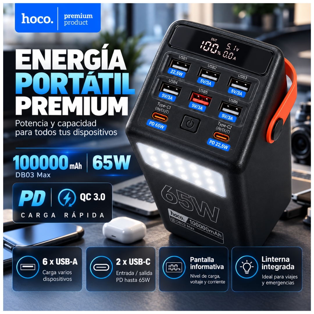 POWER BANK HOCO 100,000MAH CARGA RAPIDA 65W PARA LAPTOP CELULARES BANCO DE ENERGÍA CAMPING LINTERNA - 3