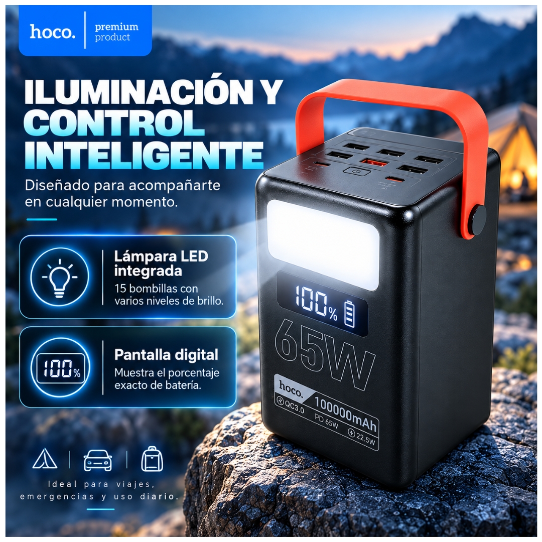 POWER BANK HOCO 100,000MAH CARGA RAPIDA 65W PARA LAPTOP CELULARES BANCO DE ENERGÍA CAMPING LINTERNA - 5