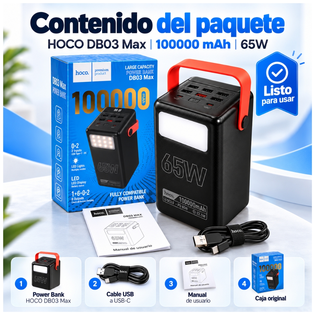 POWER BANK HOCO 100,000MAH CARGA RAPIDA 65W PARA LAPTOP CELULARES BANCO DE ENERGÍA CAMPING LINTERNA - 7