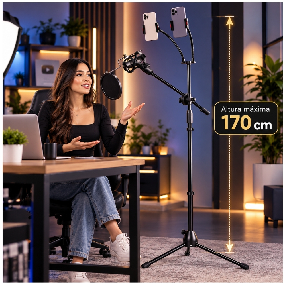 TRIPODE 170CM BRAZO PARA MICROFONO DOBLE SOPORTE HOLDER CELULAR FLEXIBLE TRANSMISIONES EN VIVO LIVE - 3