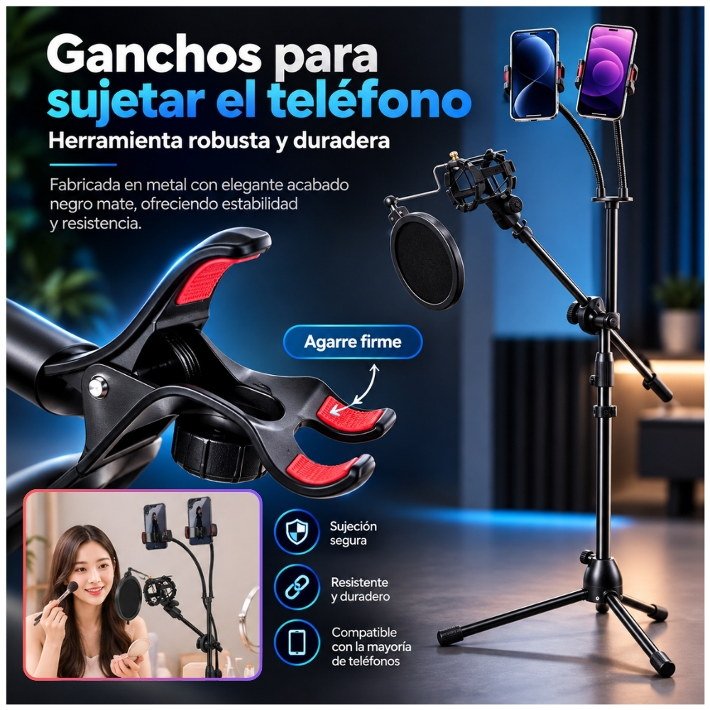 TRIPODE 170CM BRAZO PARA MICROFONO DOBLE SOPORTE HOLDER CELULAR FLEXIBLE TRANSMISIONES EN VIVO LIVE - 4