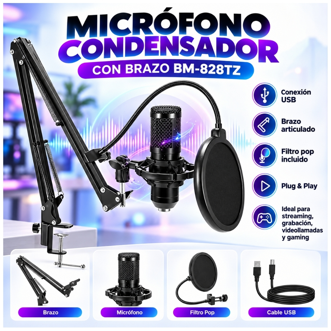 KIT MICRÓFONO CONDENSADOR PROFESIONAL CON SOPORTE Y ANTIPOP PARA STREAMING PC BM-828TZ - 2