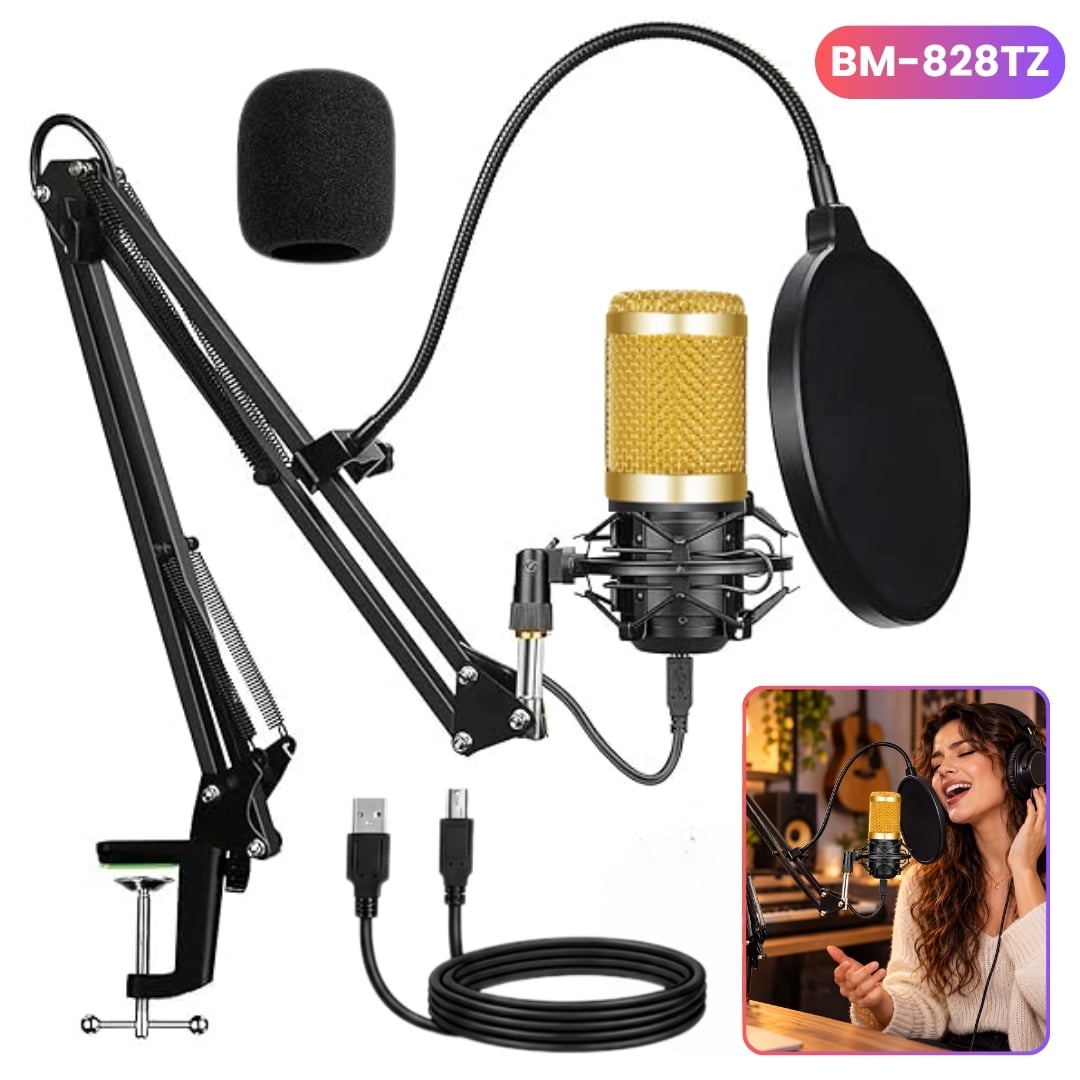 KIT MICRÓFONO CONDENSADOR PROFESIONAL CON SOPORTE Y ANTIPOP PARA STREAMING PC - 1