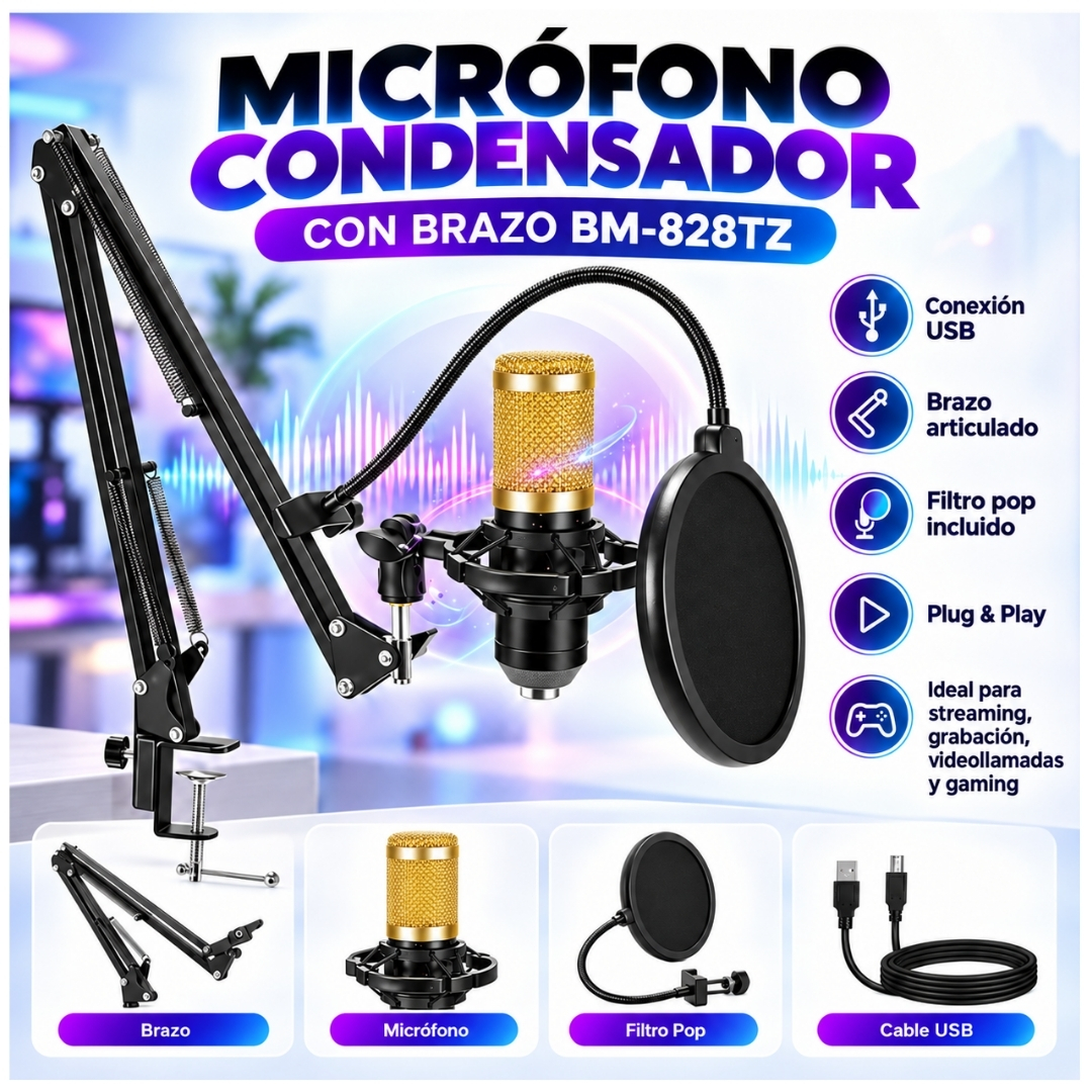 KIT MICRÓFONO CONDENSADOR PROFESIONAL CON SOPORTE Y ANTIPOP PARA STREAMING PC - 2