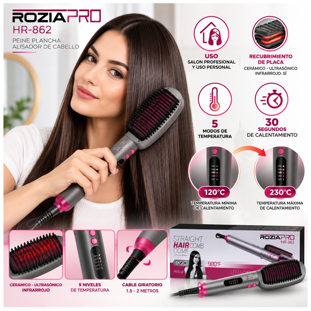 PEINE ALISADOR ROZIA PLANCHA SECADORA DE CABELLO CEPILLO CERÁMICO - 4