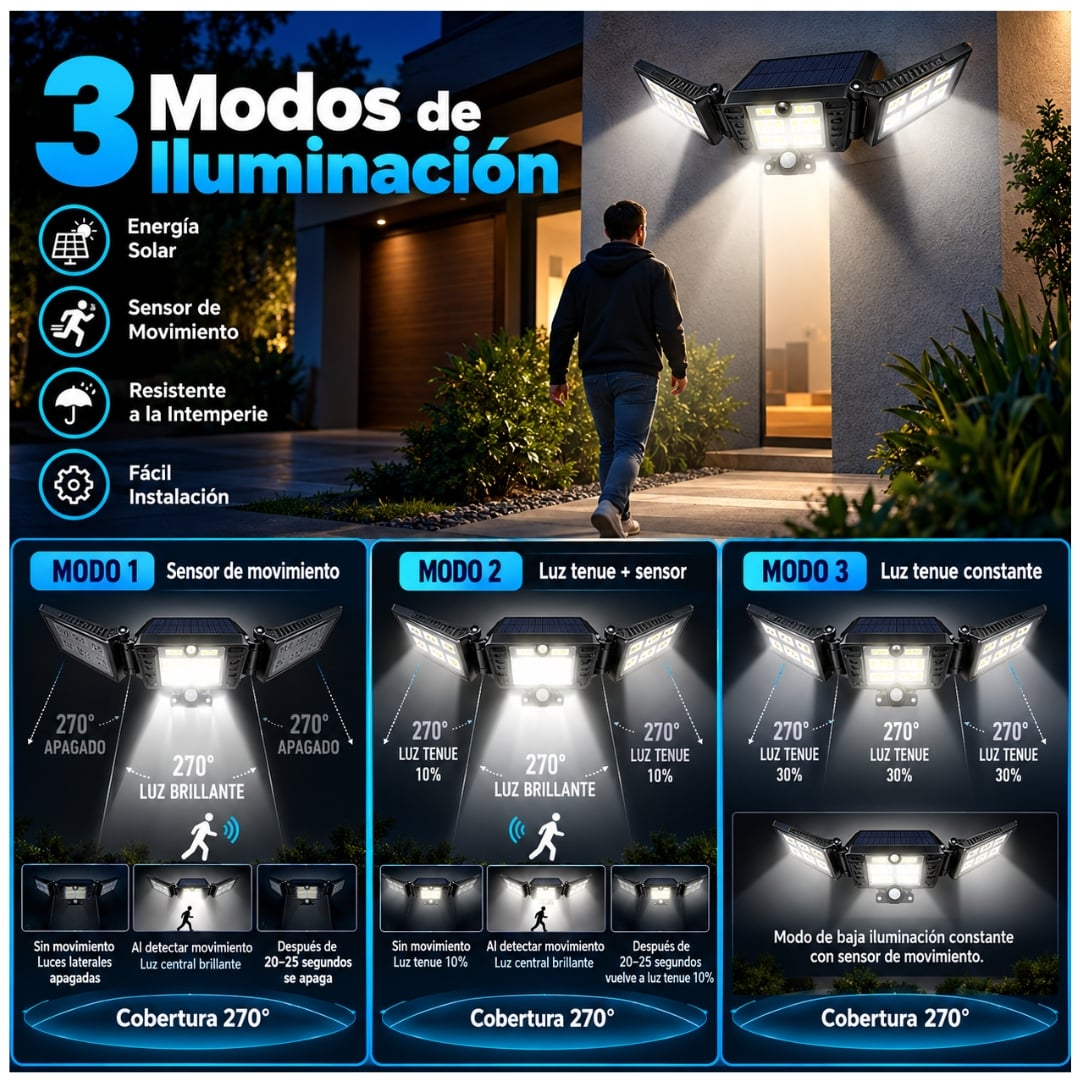 FAROLA LUZ SOLAR LED 300W ILUMINACIÓN EXTERIOR PANEL SENSOR MOVIMIENTO - 5
