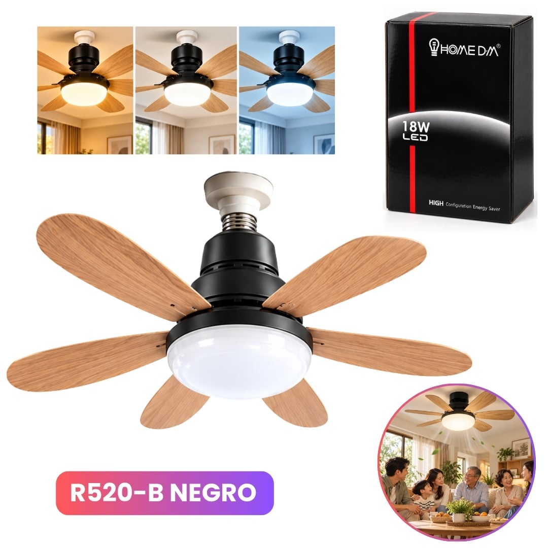 FOCO VENTILADOR DE TECHO 18W 6 ASPAS LUZ LED Y 3 VELOCIDADES DE AIRE CON CONTROL REMOTO NEGRO - 1