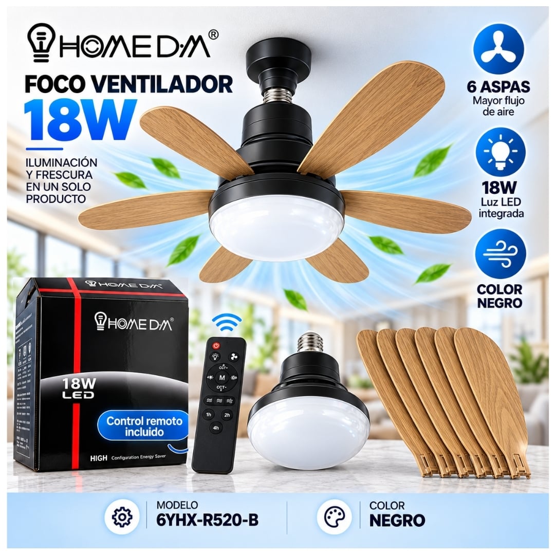 FOCO VENTILADOR DE TECHO 18W 6 ASPAS LUZ LED Y 3 VELOCIDADES DE AIRE CON CONTROL REMOTO NEGRO - 2