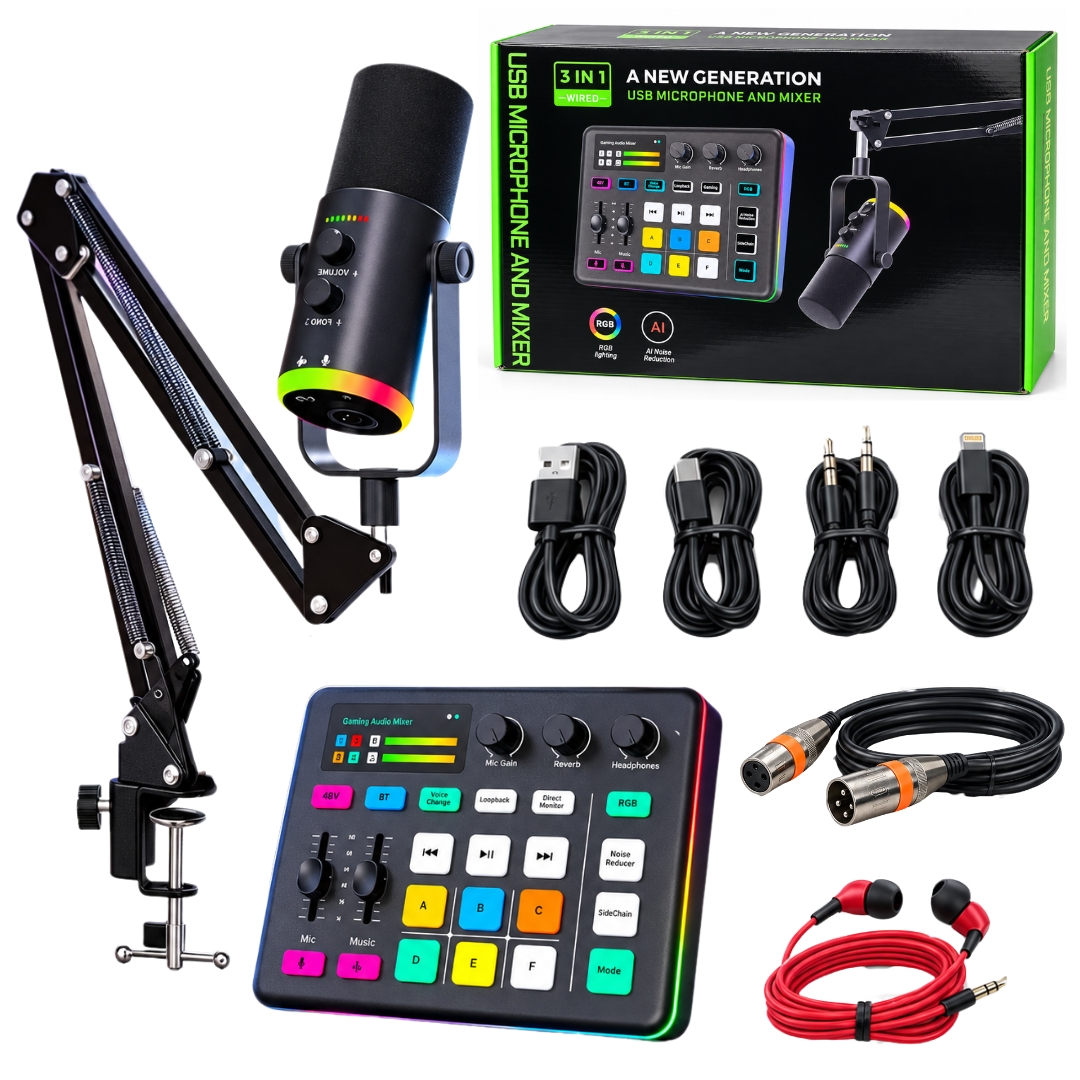 CONSOLA MEZCLADORA INTERFAZ DE AUDIO CON MICRÓFONO RGB ESTUDIO DE GRABACIÓN PODCAST, STREAMING, GUITARRA, GRABACIÓN Y GAMER - 1
