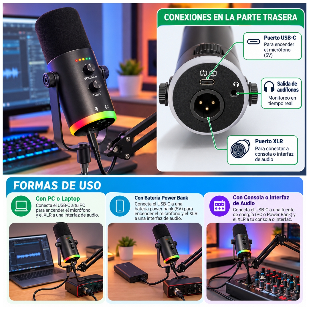 CONSOLA MEZCLADORA INTERFAZ DE AUDIO CON MICRÓFONO RGB ESTUDIO DE GRABACIÓN PODCAST, STREAMING, GUITARRA, GRABACIÓN Y GAMER - 3