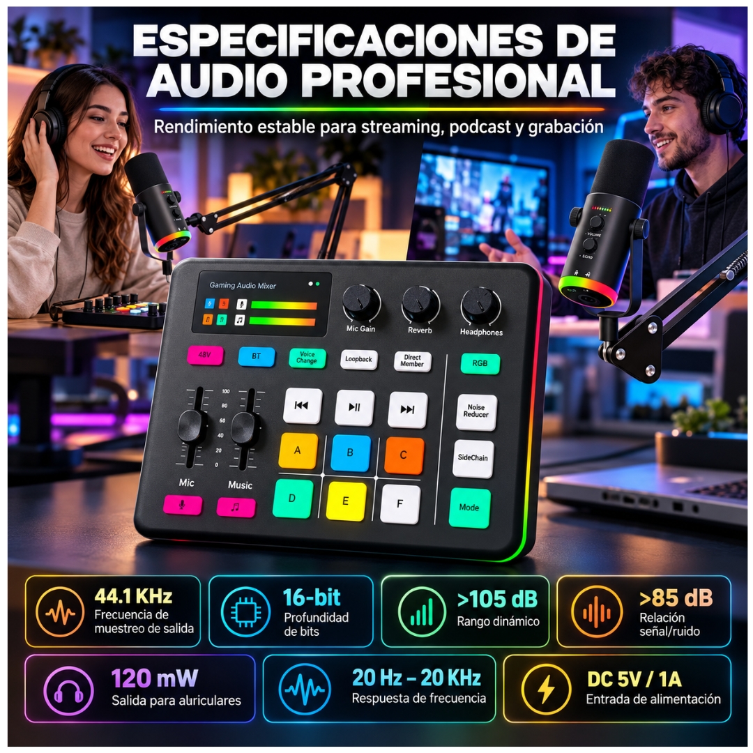 CONSOLA MEZCLADORA INTERFAZ DE AUDIO CON MICRÓFONO RGB ESTUDIO DE GRABACIÓN PODCAST, STREAMING, GUITARRA, GRABACIÓN Y GAMER - 4