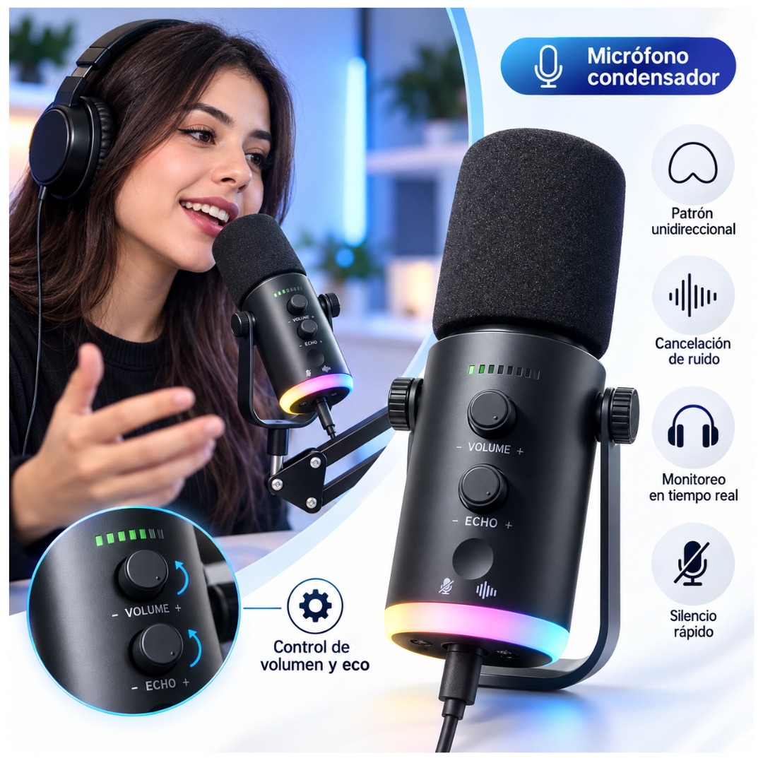 CONSOLA MEZCLADORA INTERFAZ DE AUDIO CON MICRÓFONO RGB ESTUDIO DE GRABACIÓN PODCAST, STREAMING, GUITARRA, GRABACIÓN Y GAMER - 5