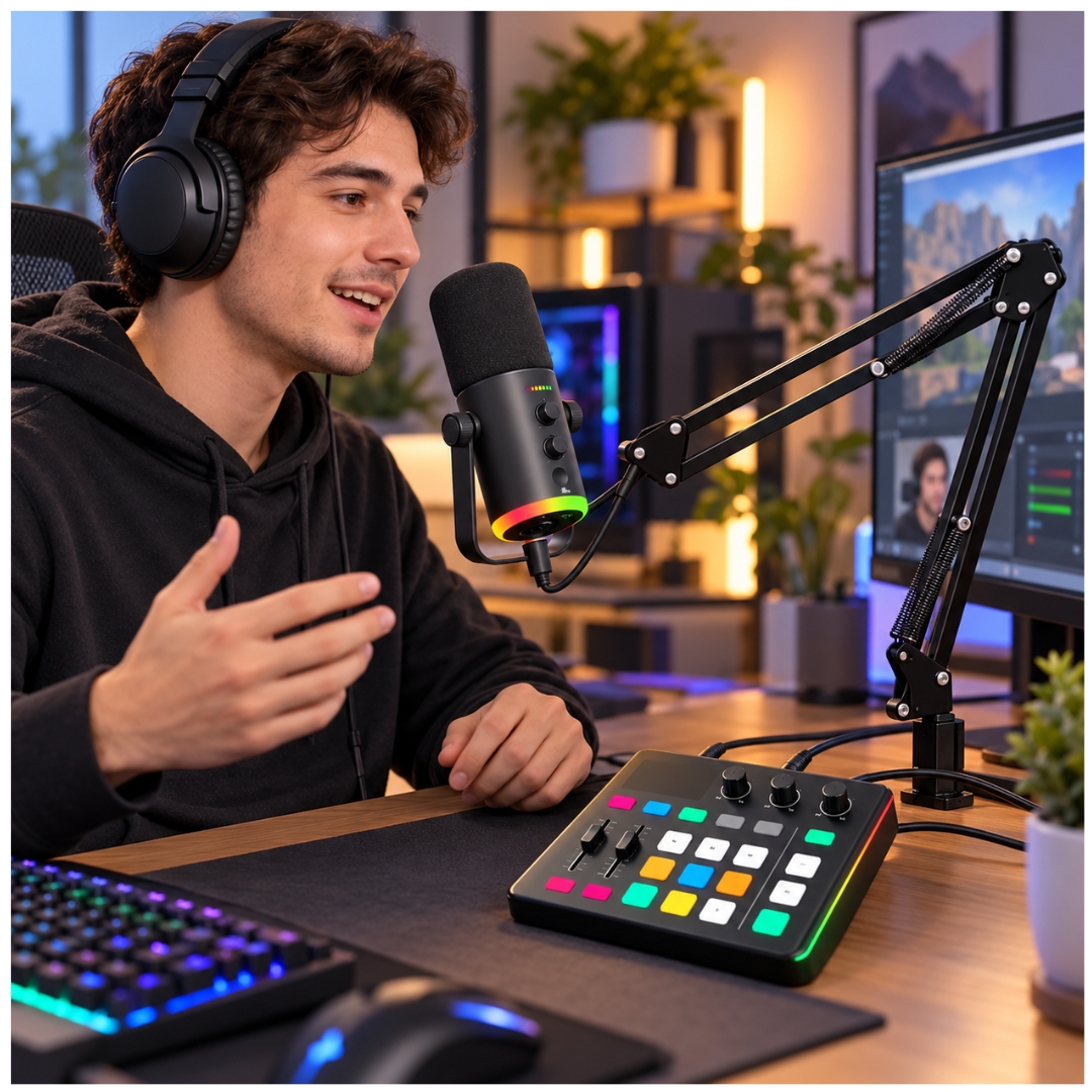 CONSOLA MEZCLADORA INTERFAZ DE AUDIO CON MICRÓFONO RGB ESTUDIO DE GRABACIÓN PODCAST, STREAMING, GUITARRA, GRABACIÓN Y GAMER - 7