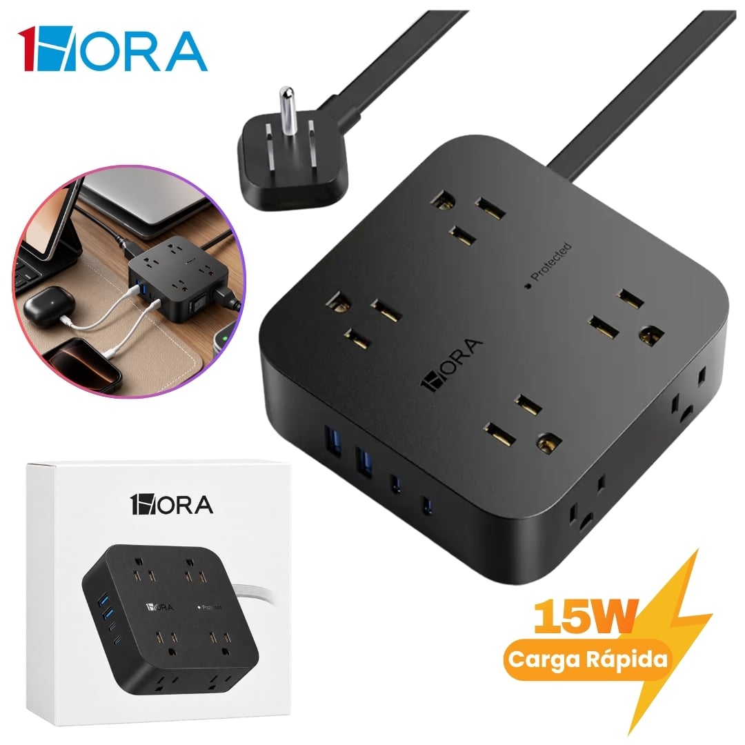 EXTENSIÓN TOMA CORRIENTE 1270W CARGA RÁPIDA 15W TYPE C USB SUPRESOR DE PICOS 8 SALIDAS 1HORA - 1