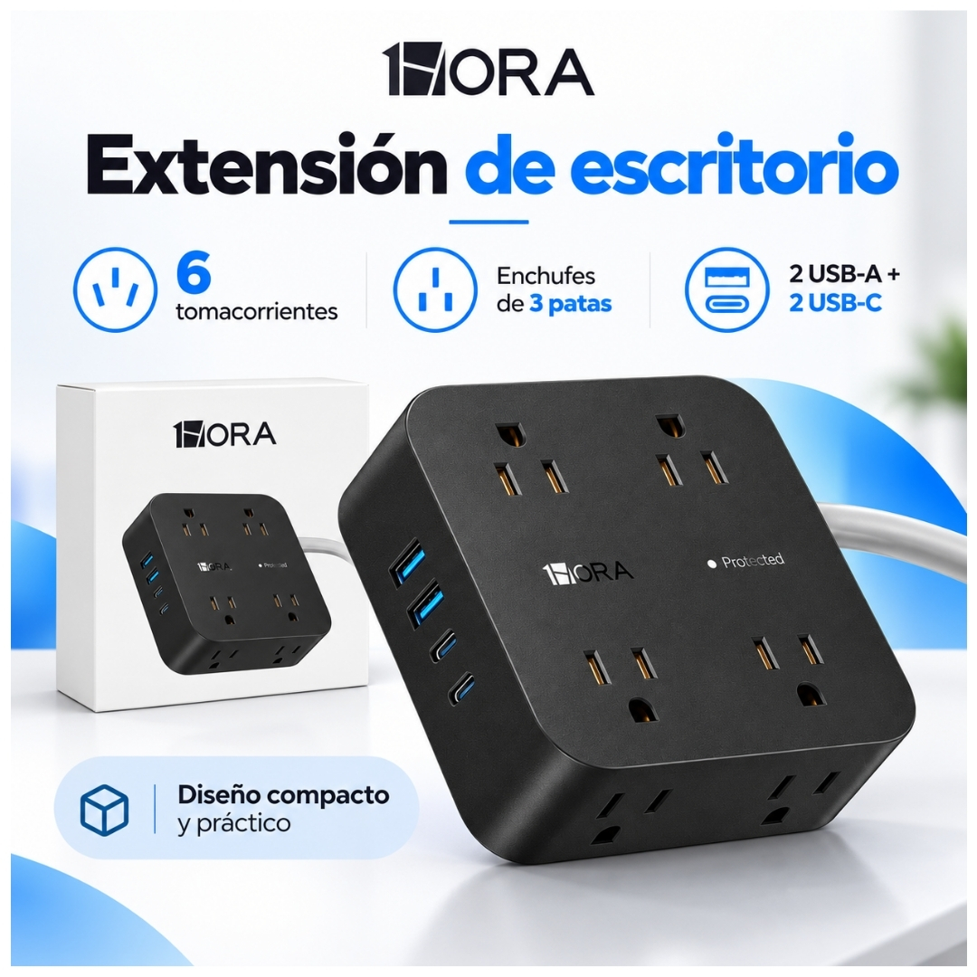 EXTENSIÓN TOMA CORRIENTE 1270W CARGA RÁPIDA 15W TYPE C USB SUPRESOR DE PICOS 8 SALIDAS 1HORA - 2