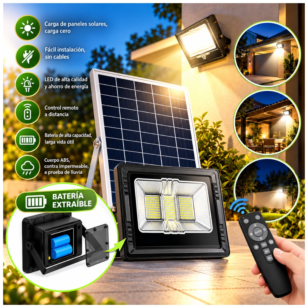 LAMPARA FAROLA REFLECTOR LUZ LED RECARGABLE CON PANEL SOLAR CAFINI LUZ DE 300W - 4