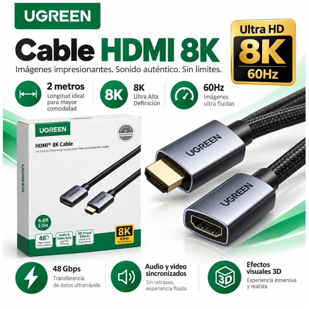 CABLE EXTENSIÓN HDMI 2.1 UGREEN 8K 60HZ CABLE ALARGADOR 2 METROS HD165-95927 - 2
