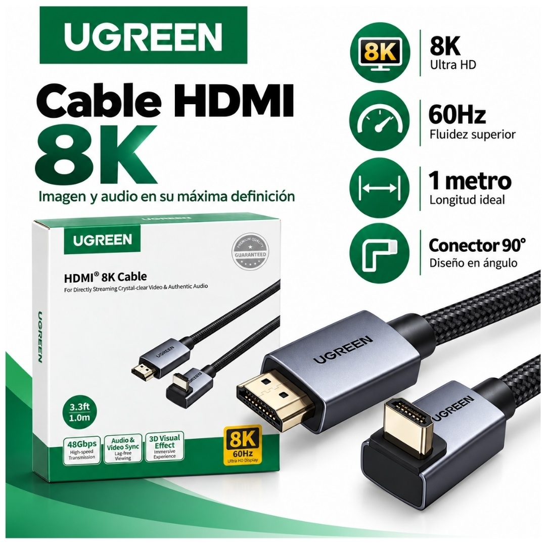 CABLE HDMI 2.1 UGREEN 8K 60HZ 48GBPS 1 METRO ANGULO 90° HD188 - 95826 - 2
