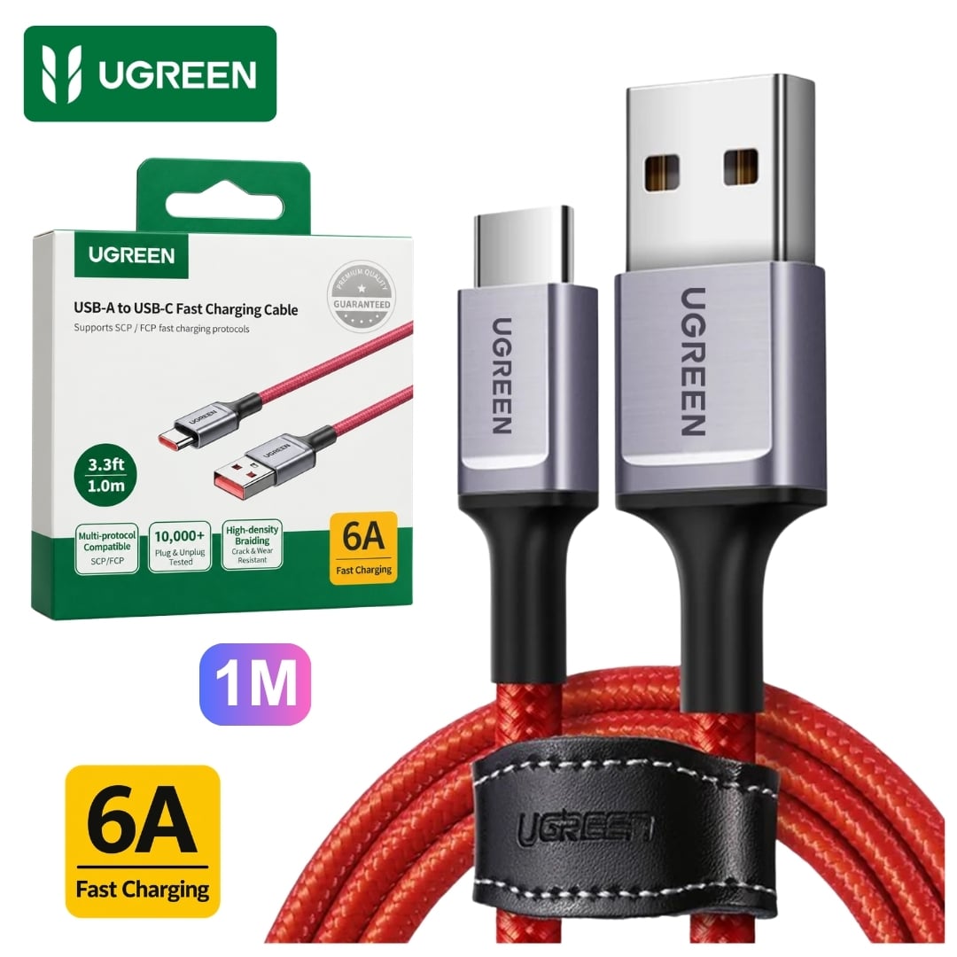 CABLE USB-A A TIPO-C UGREEN 6A CARGA RÁPIDA 480MBPS TRENZADO ROJO 1 METRO - 1
