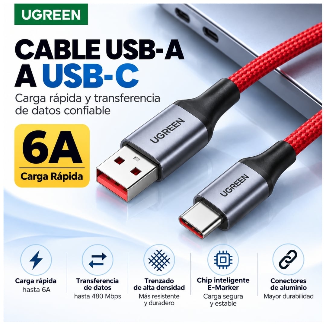 CABLE USB-A A TIPO-C UGREEN 6A CARGA RÁPIDA 480MBPS TRENZADO ROJO 1 METRO - 2