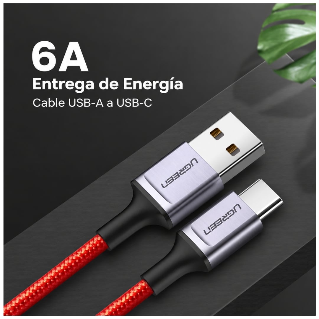 CABLE USB-A A TIPO-C UGREEN 6A CARGA RÁPIDA 480MBPS TRENZADO ROJO 1 METRO - 3