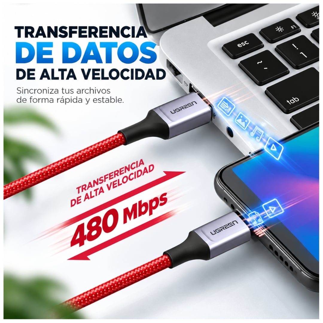 CABLE USB-A A TIPO-C UGREEN 6A CARGA RÁPIDA 480MBPS TRENZADO ROJO 1 METRO - 4