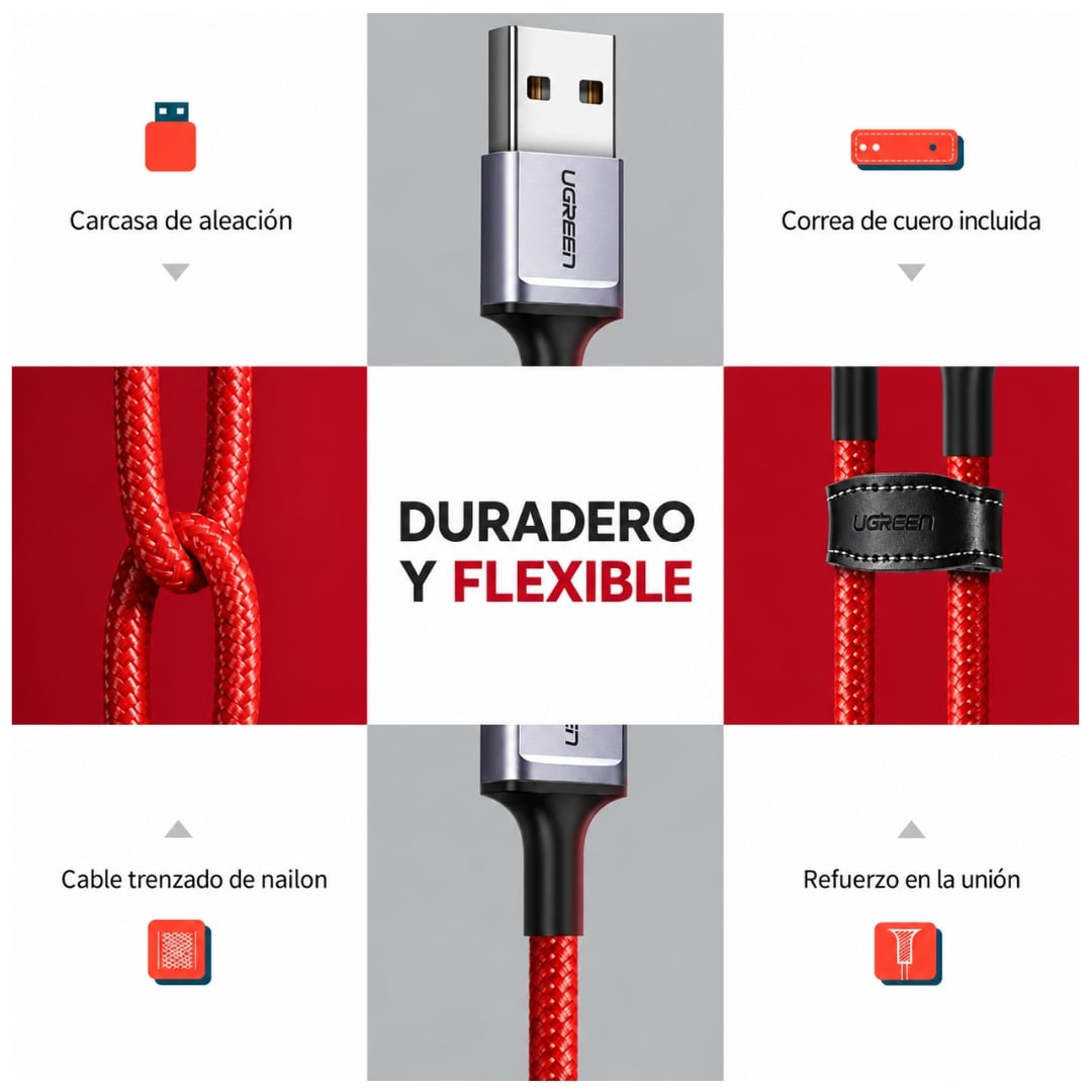 CABLE USB-A A TIPO-C UGREEN 6A CARGA RÁPIDA 480MBPS TRENZADO ROJO 1 METRO - 5