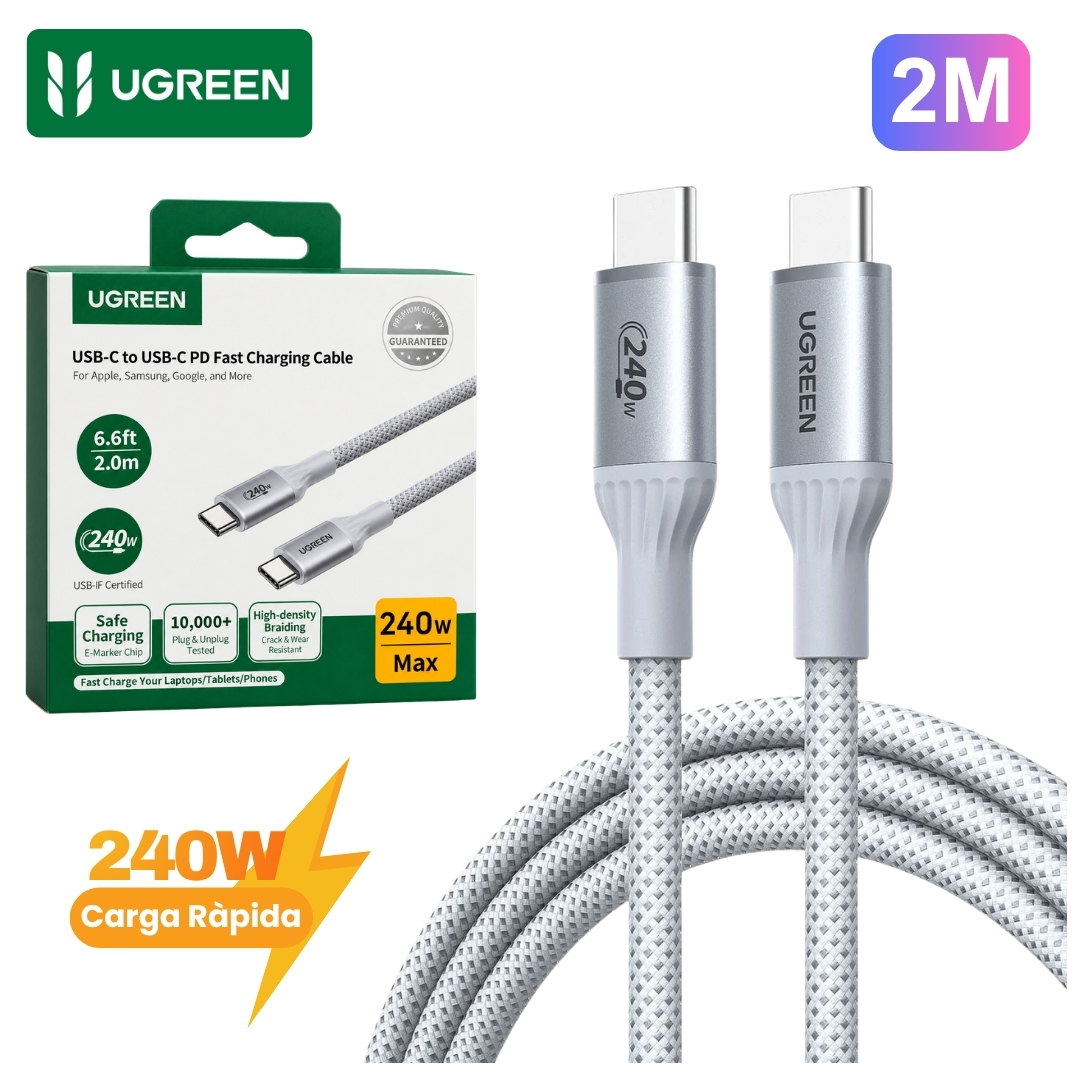 CABLE UGREEN USB-C A USB-C 5A 240W TRENZADO 2 METROS STARLIGHT BLUE L534-75732 - 1