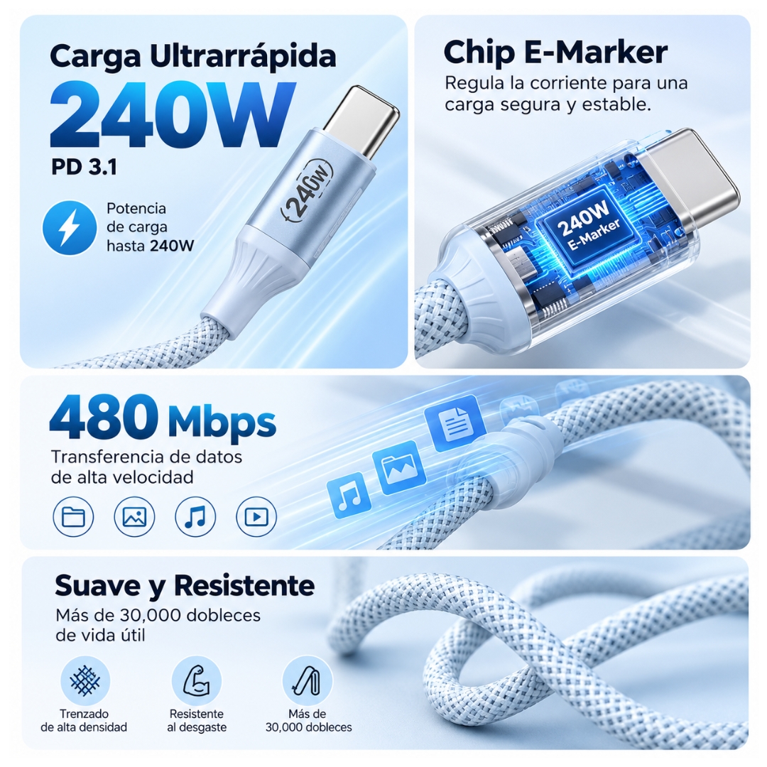 CABLE UGREEN USB-C A USB-C 5A 240W TRENZADO 2 METROS STARLIGHT BLUE L534-75732 - 4