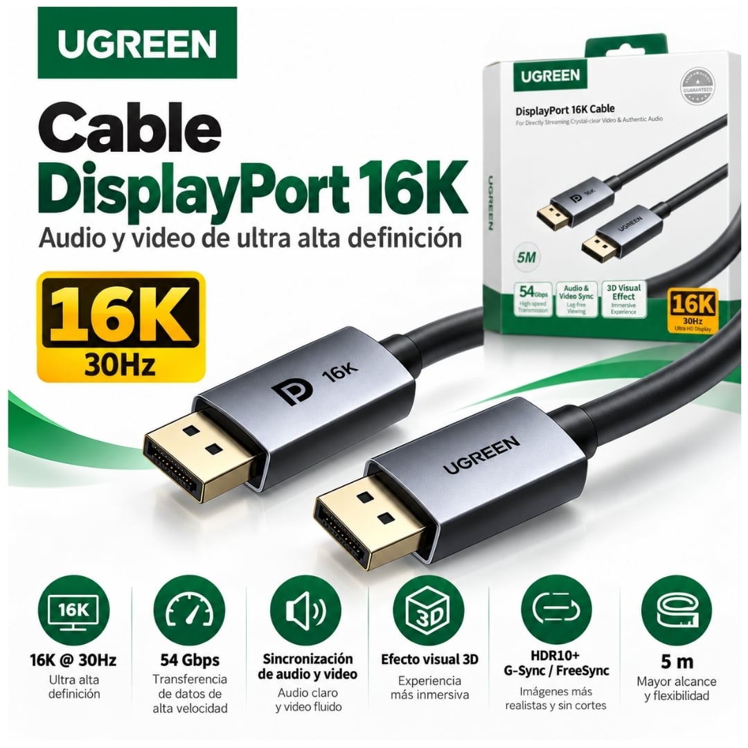 CABLE DISPLAYPORT UGREEN SOPORTA 16K@30HZ 54 GBPS 5 METROS DP118 - 45630 - 2