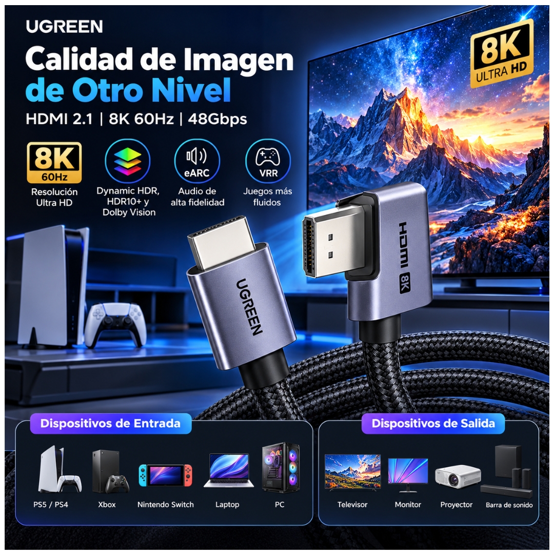 CABLE HDMI 2.1 UGREEN 8K 60HZ 48GBPS 2 METROS 90° HD188 - 85169 - 7