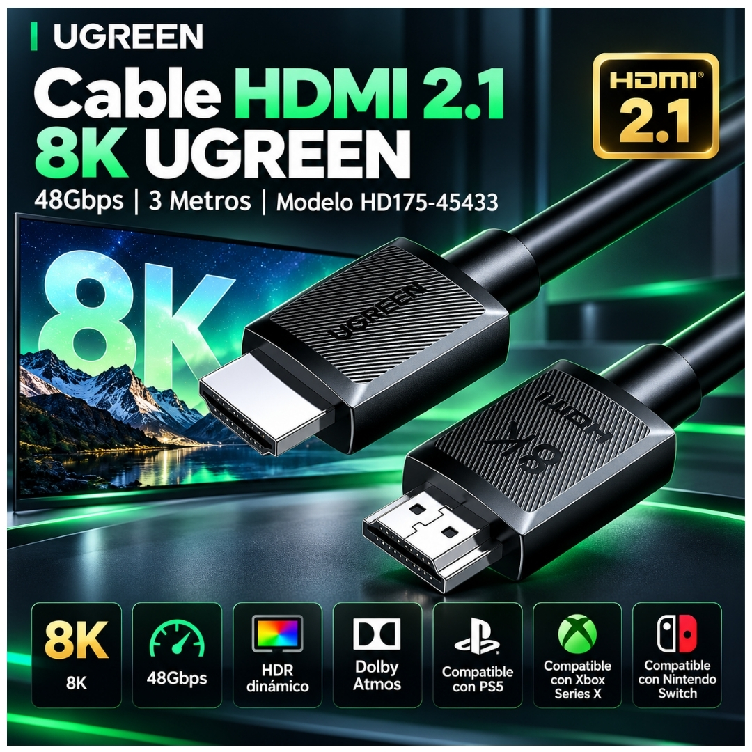 CABLE HDMI 2.1 UGREEN ULTRA HD 8K 60HZ 48GBPS 3 METROS HD175 - 4543 - 2