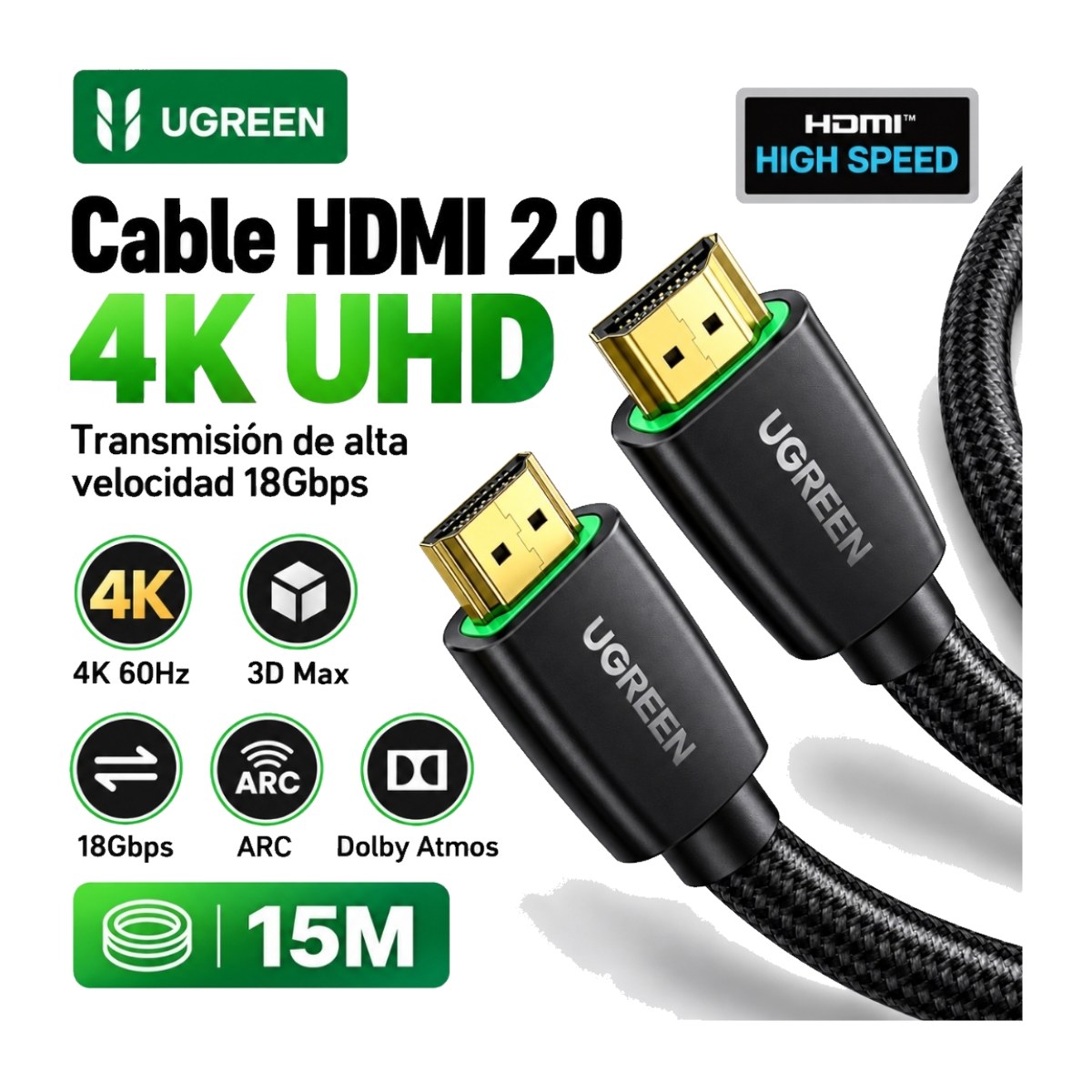CABLE HDMI UGREEN 2.0 4K 60 HZ 15 METROS DE ALTA VELOCIDAD 18 GBPS COMPATIBLE CON TELEVISORES UHD - 2