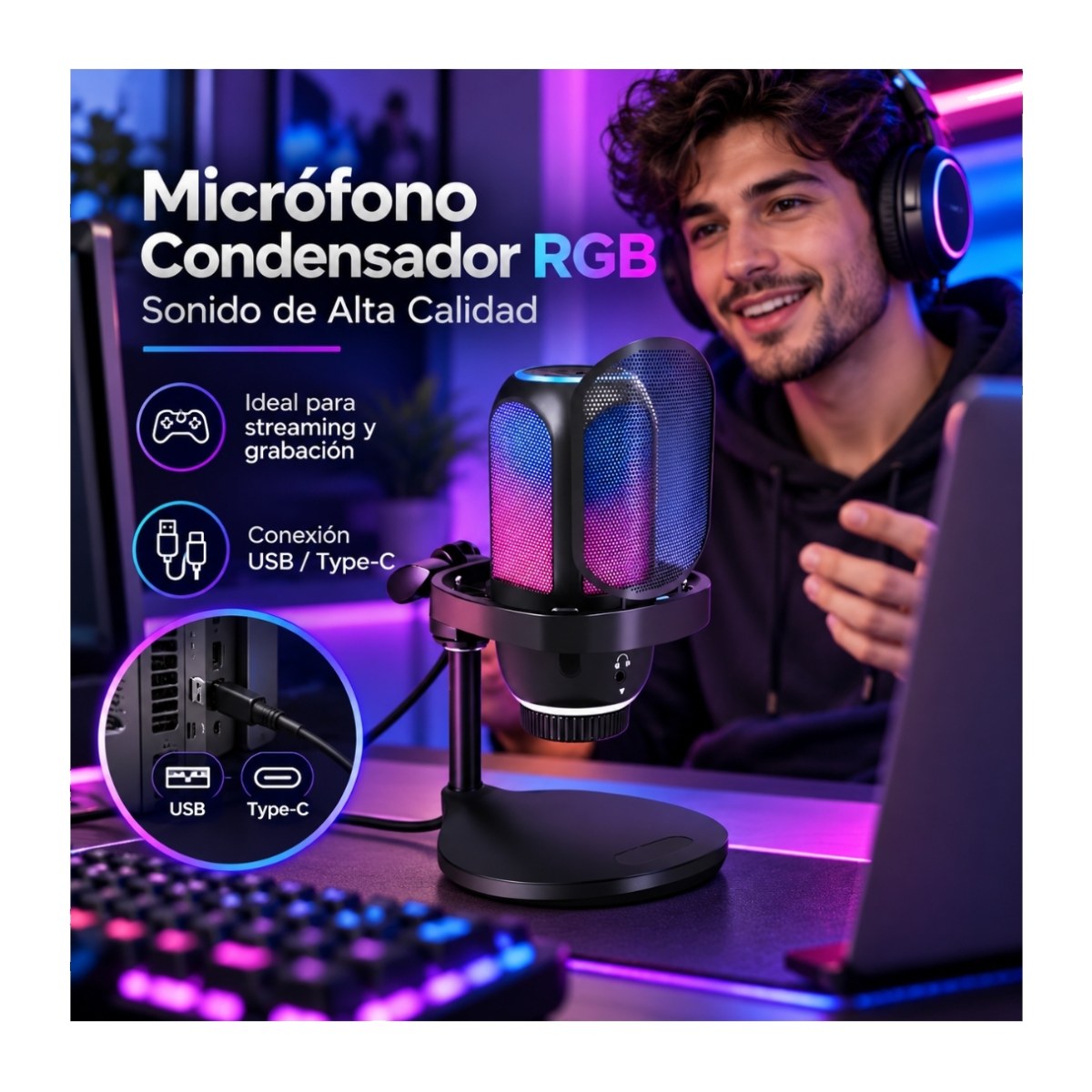 MICRÓFONO CONDENSADOR RGB SONIDO DE ALTA CALIDAD STREAMING GRABACIÓN YX-X9860 AT-D1 - 2