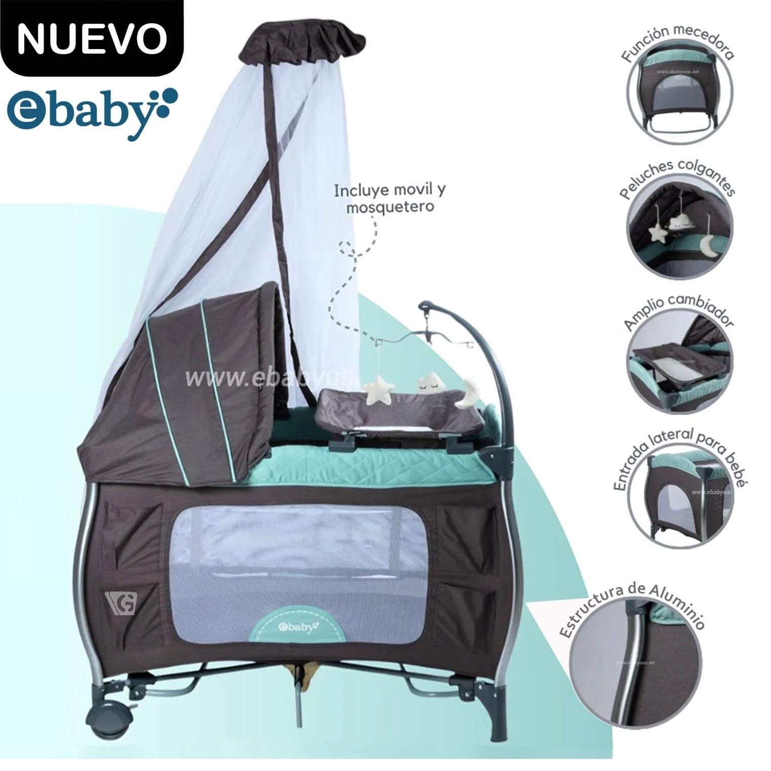 CUNA CORRAL MECEDORA PARA BEBÉ CON CAMBIADOR NAPY VERDE - 1