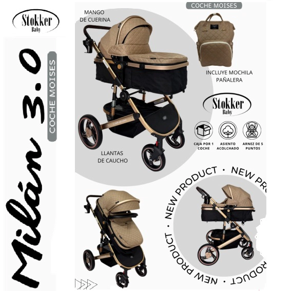 COCHE MOISES MILAN 3.0 STOKKER BABY CON MOCHILA PAÑALERA - 1