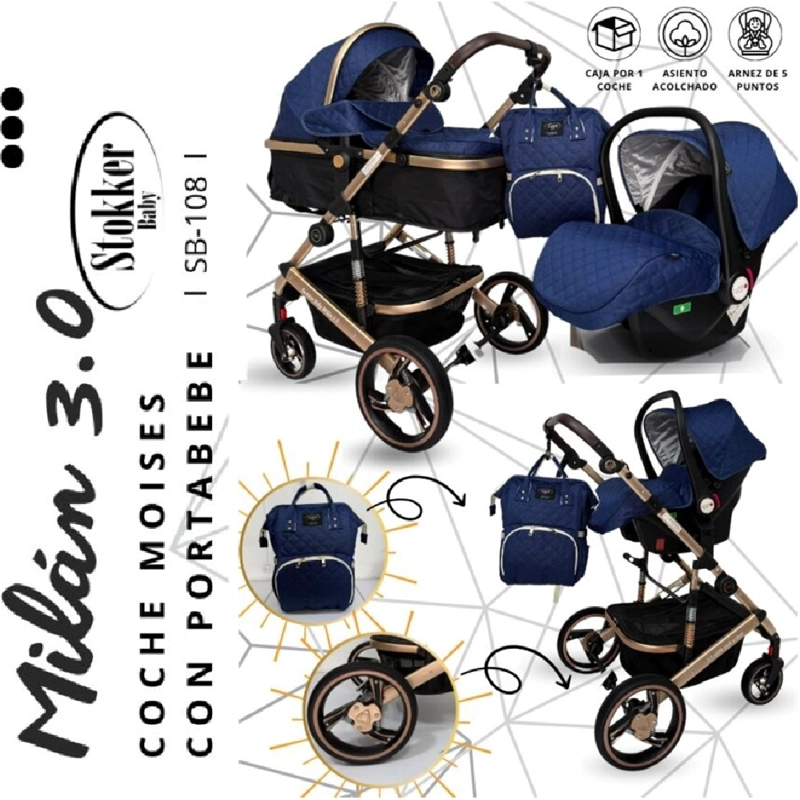 COCHE CUNA DE LUJO MILAN 3.0 PORTA BEBE Y PAÑALERA AZUL - 1