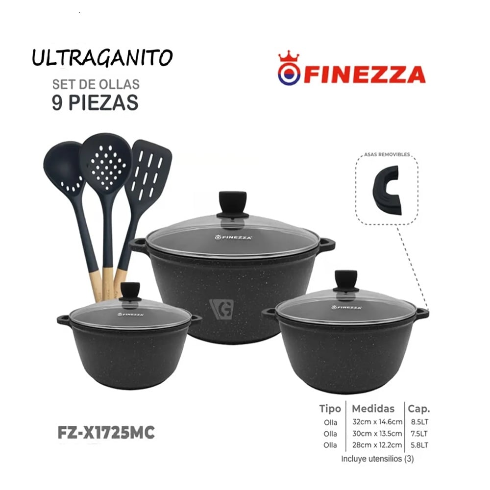 JUEGO DE OLLAS FINEZZA ULTRA GRANITO FZ-X1725MC DE 9 PZS - 1
