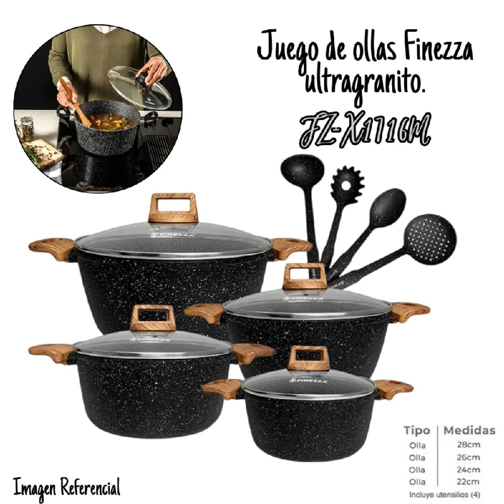 JUEGO DE OLLAS FINEZZA ANTIADHERENTE DE 12 PZS ULTRA GRANITO FZ-X1716M - 1